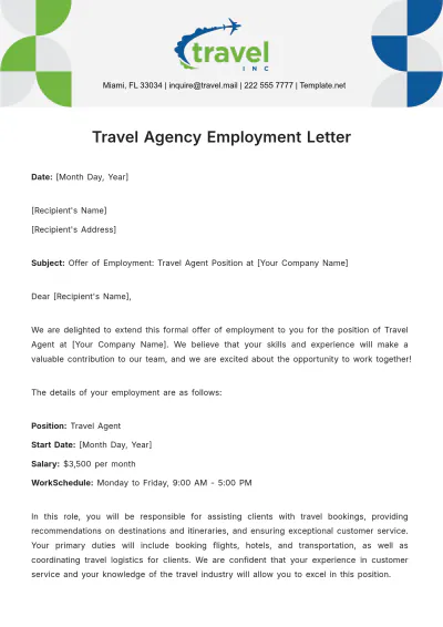 Free Travel Agency Employment Letter Template to Edit Online