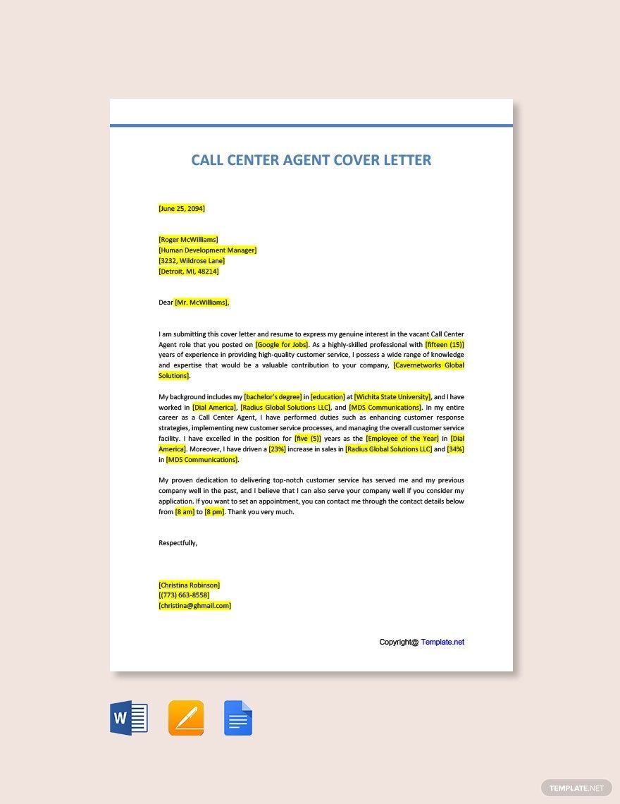 Call Center Agent Cover Letter