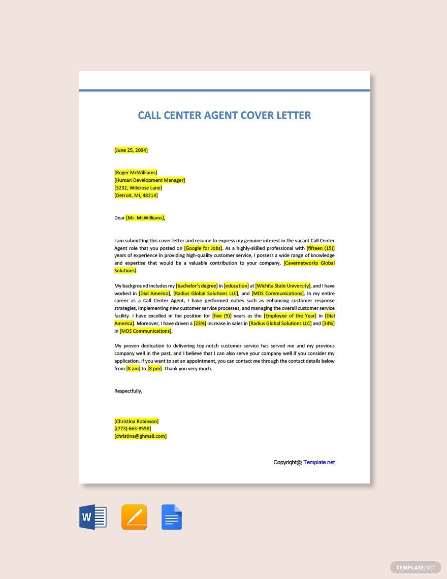 Call Center Agent Cover Letter in Word, Pages, PDF, Google Docs - Download | Template.net