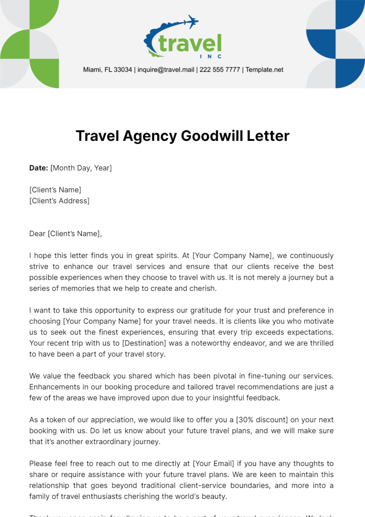 Travel Agency Goodwill Letter Template