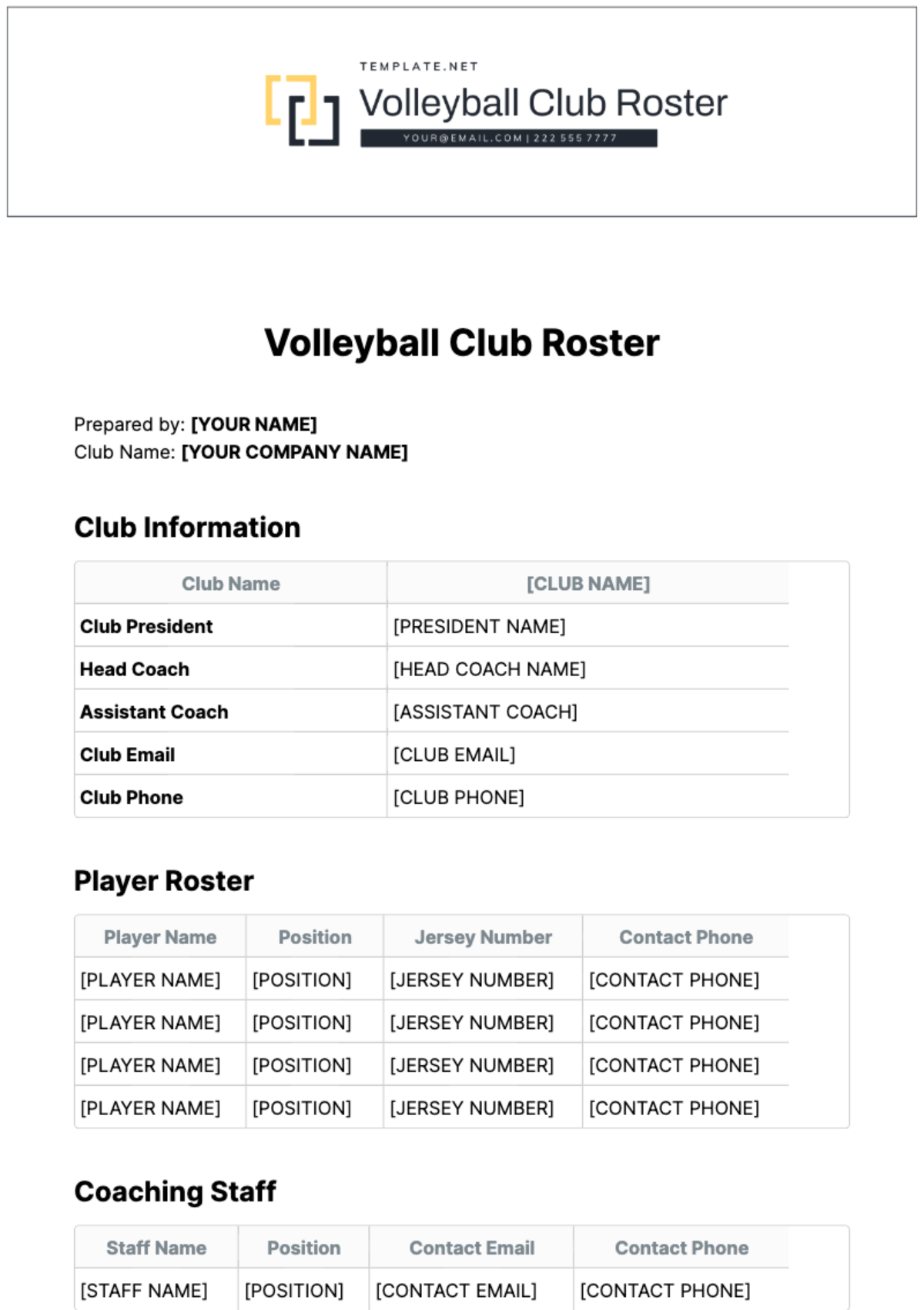 Volleyball Club Roster Template