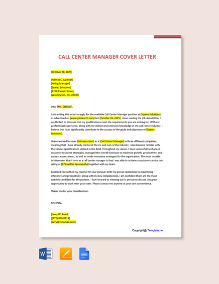 cover letter call center manager