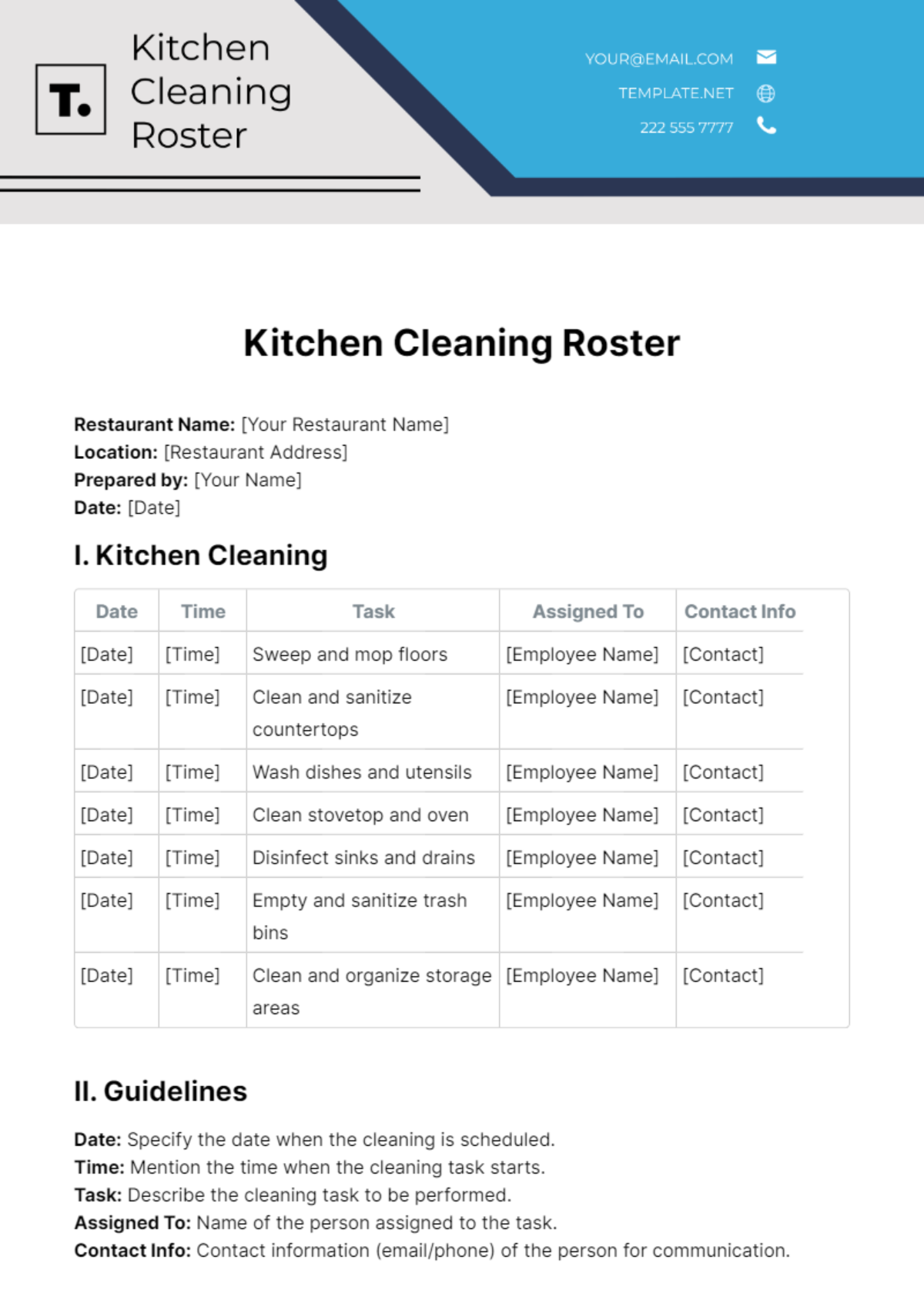 Kitchen Cleaning Roster Template