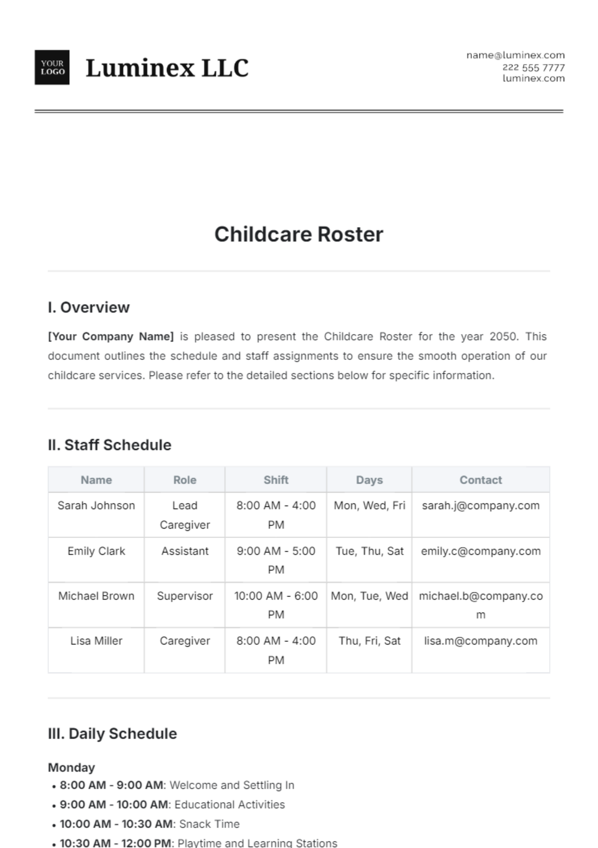 Childcare Roster Template