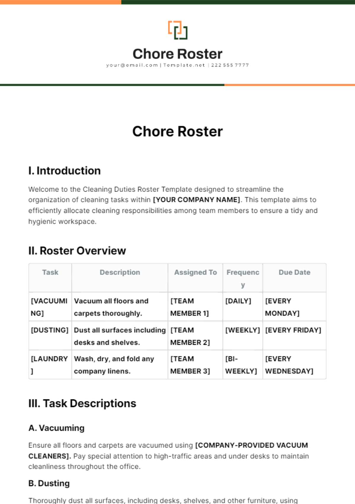 Chore Roster Template