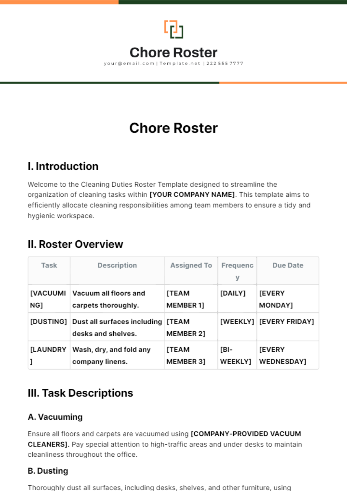 Chore Roster Template - Edit Online & Download