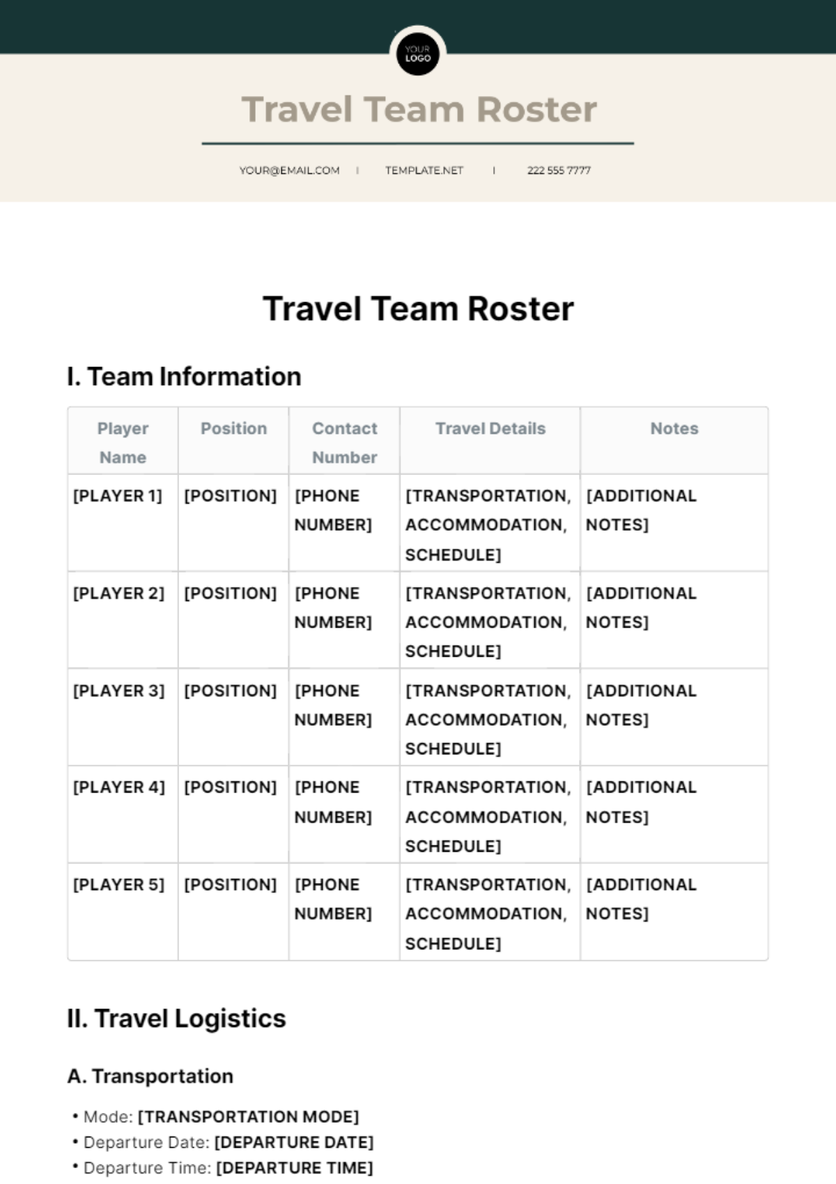 Travel Team Roster Template