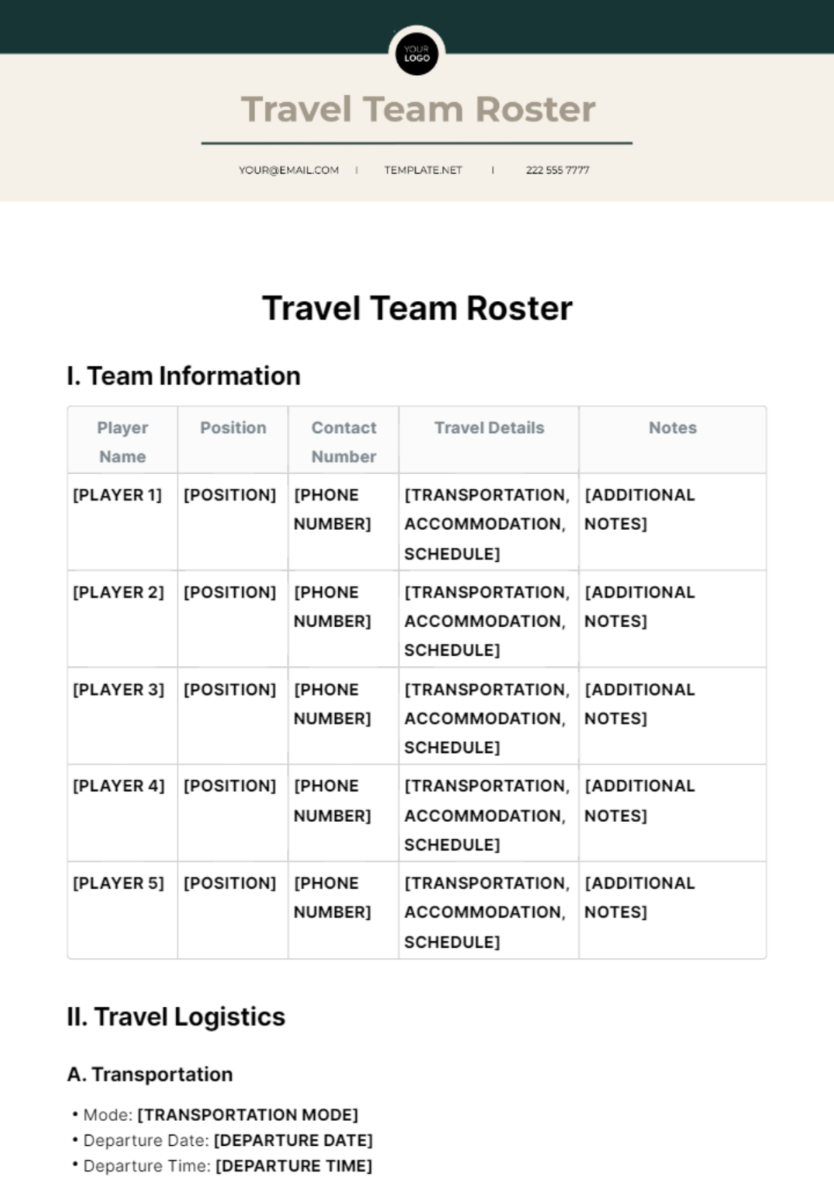 Travel Team Roster Template - Edit Online & Download