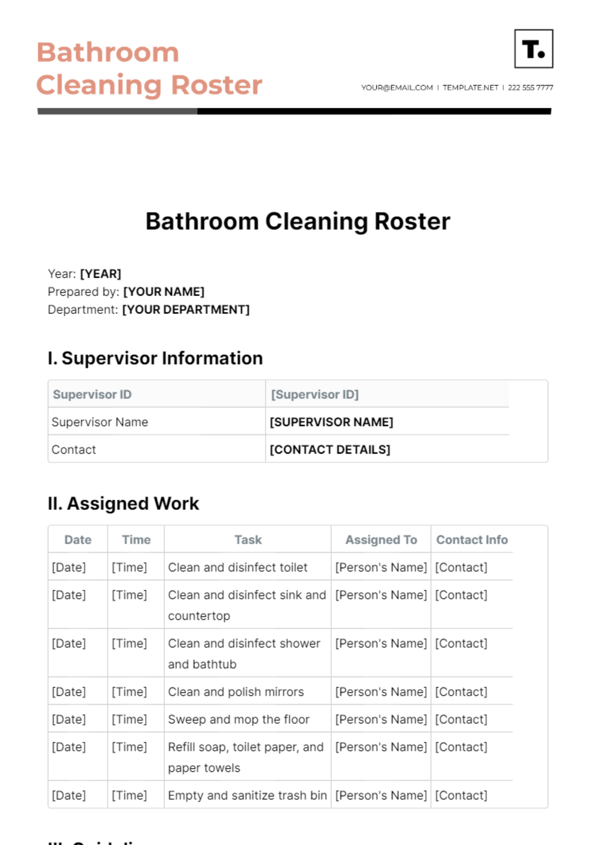 Bathroom Cleaning Roster Template