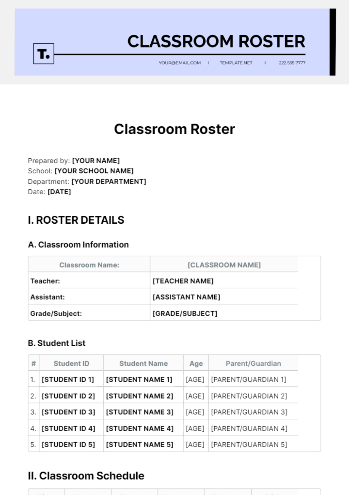 Classroom Roster Template