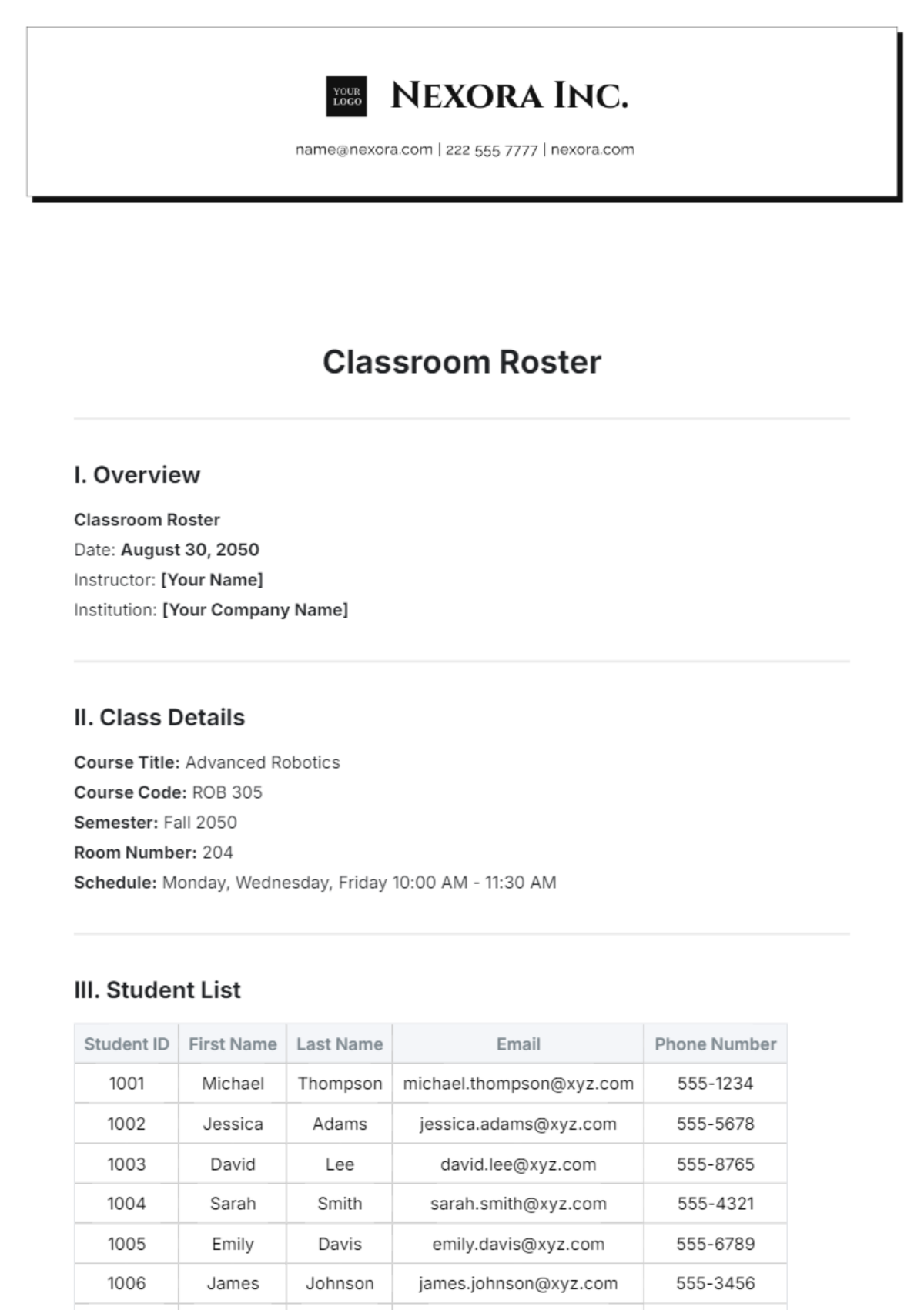 Classroom Roster Template