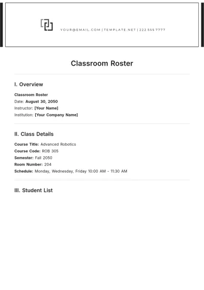 Free Classroom Roster Template to Edit Online | Template.net to Edit Online