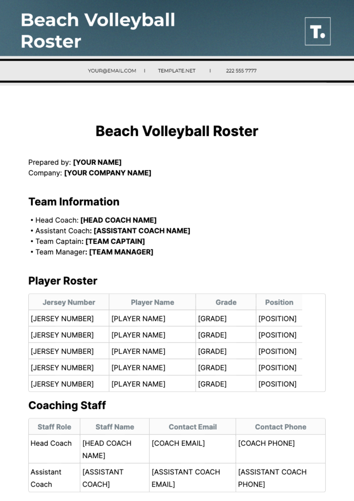 Beach Volleyball Roster Template