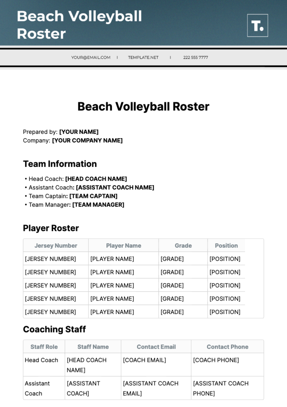 Beach Volleyball Roster Template - Edit Online & Download