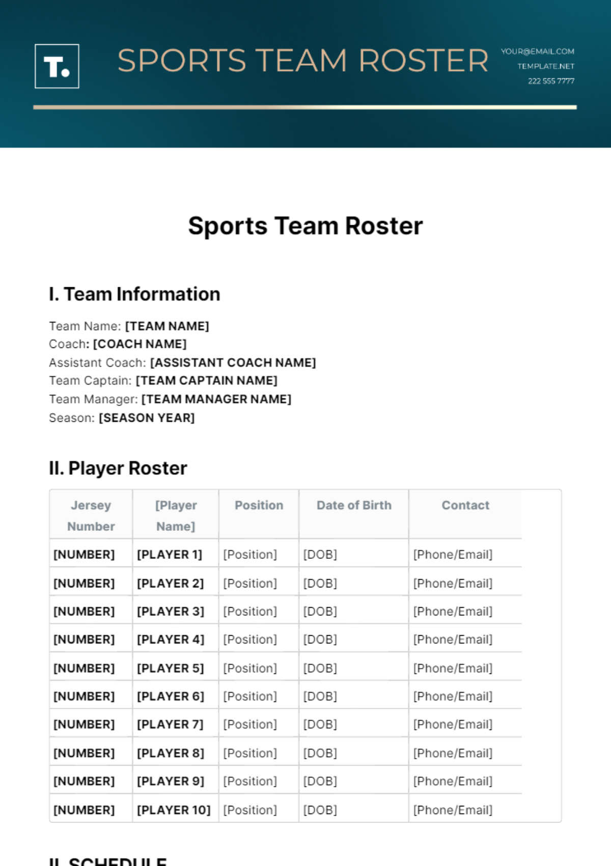 Sports Team Roster Template