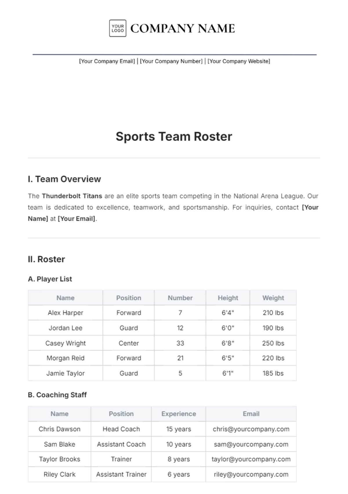 Sports Team Roster Template