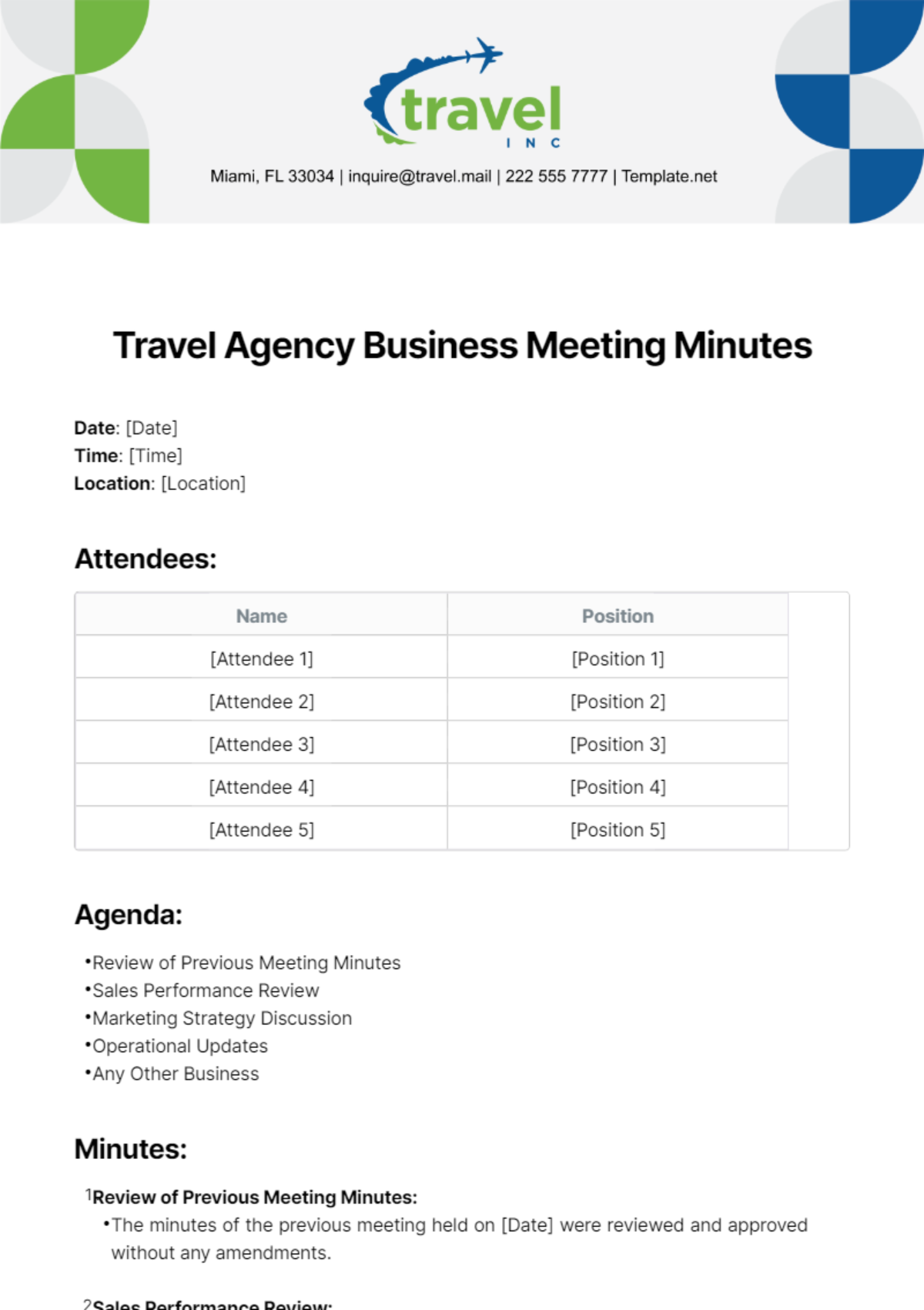 Travel Agency Business Meeting Minutes Template