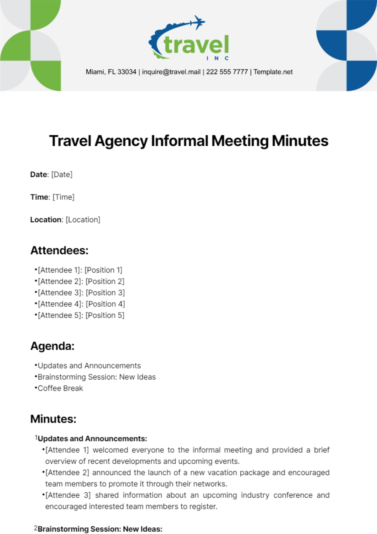 Travel Agency Informal Meeting Minutes Template