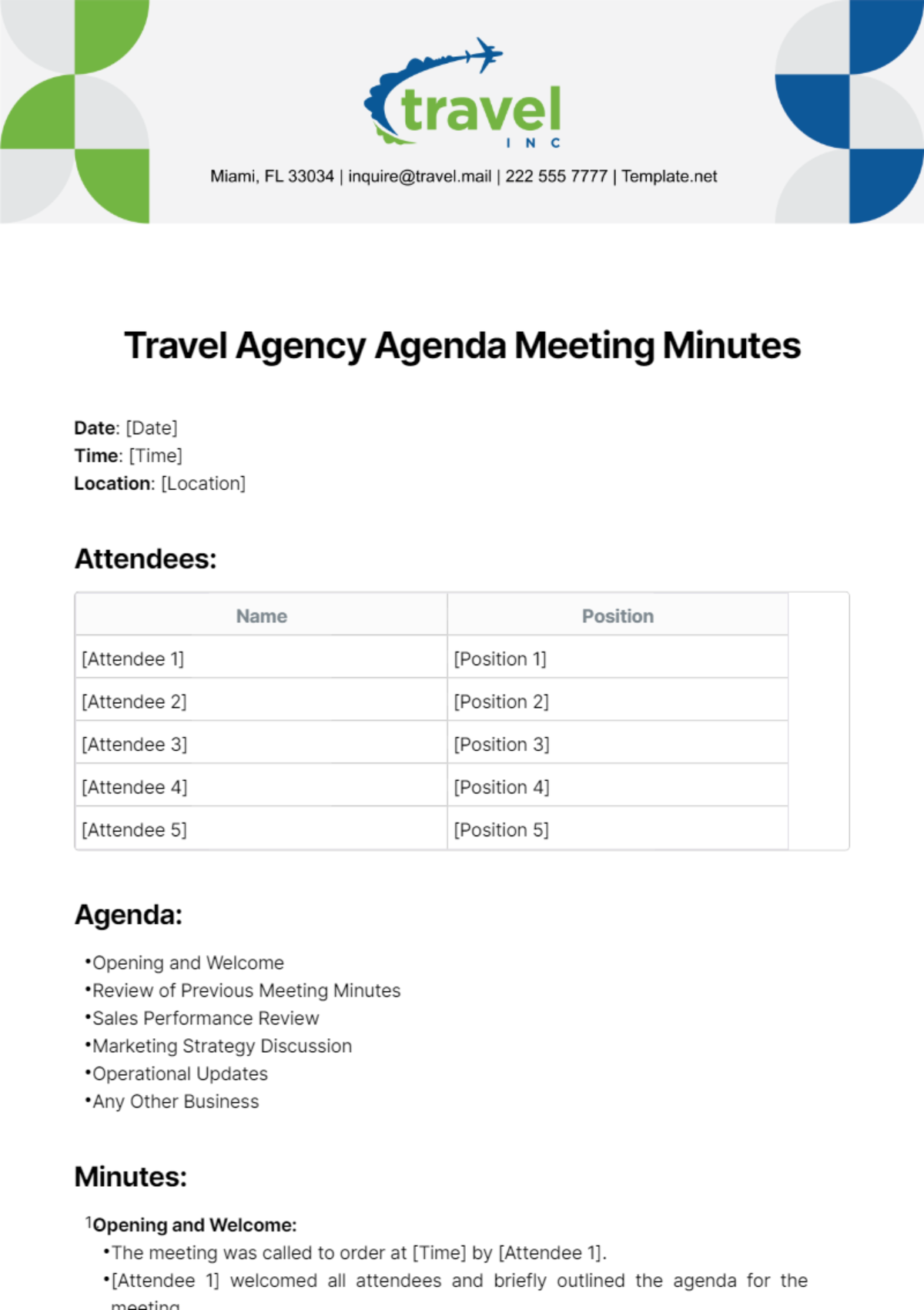 Travel Agency Agenda Meeting Minutes Template