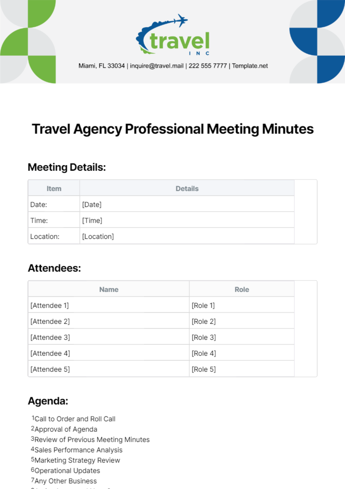 Travel Agency Professional Meeting Minutes Template