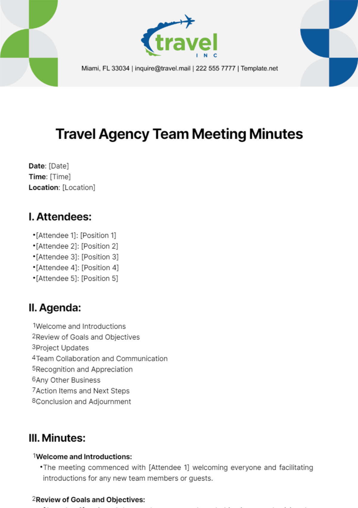 Free Travel Agency Team Meeting Minutes Template