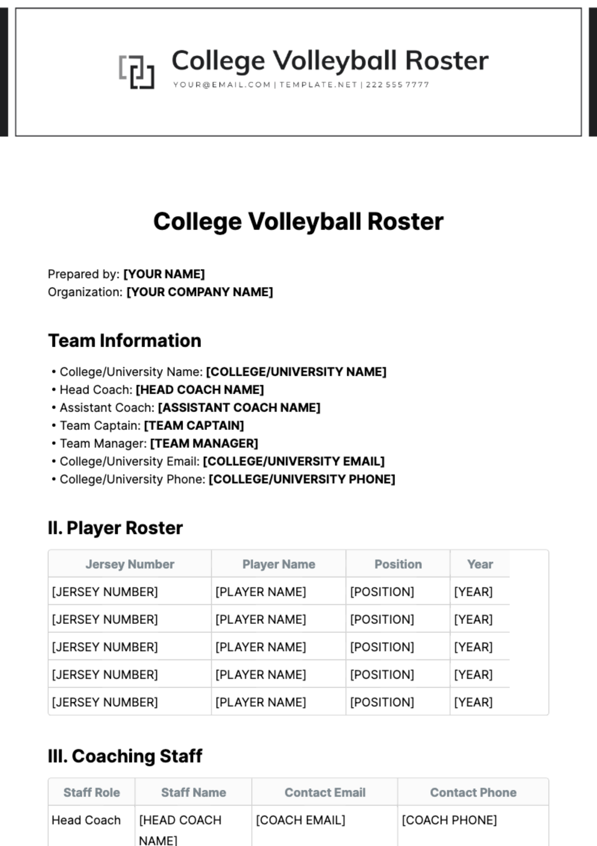College Volleyball Roster Template