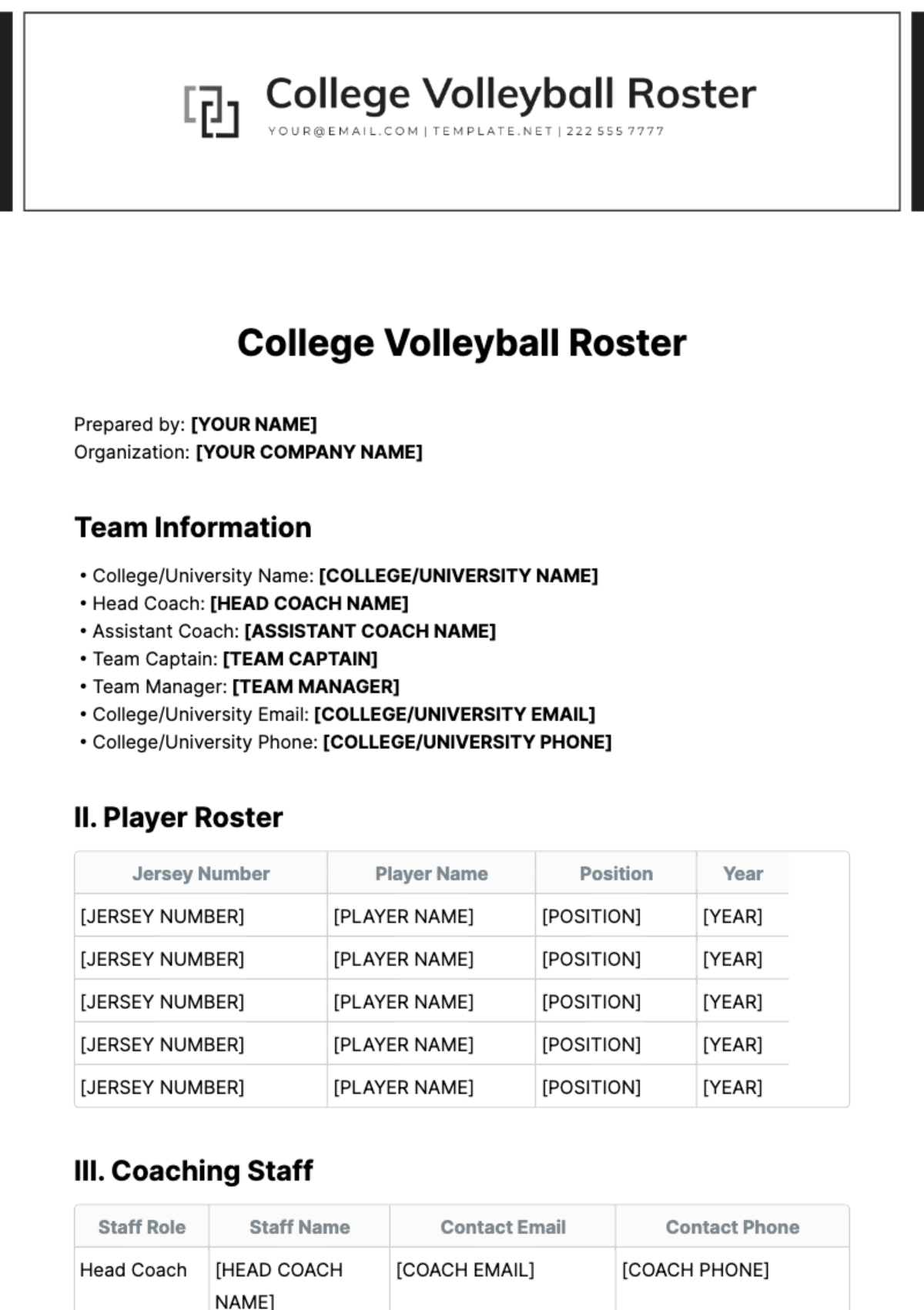 College Volleyball Roster Template - Edit Online & Download