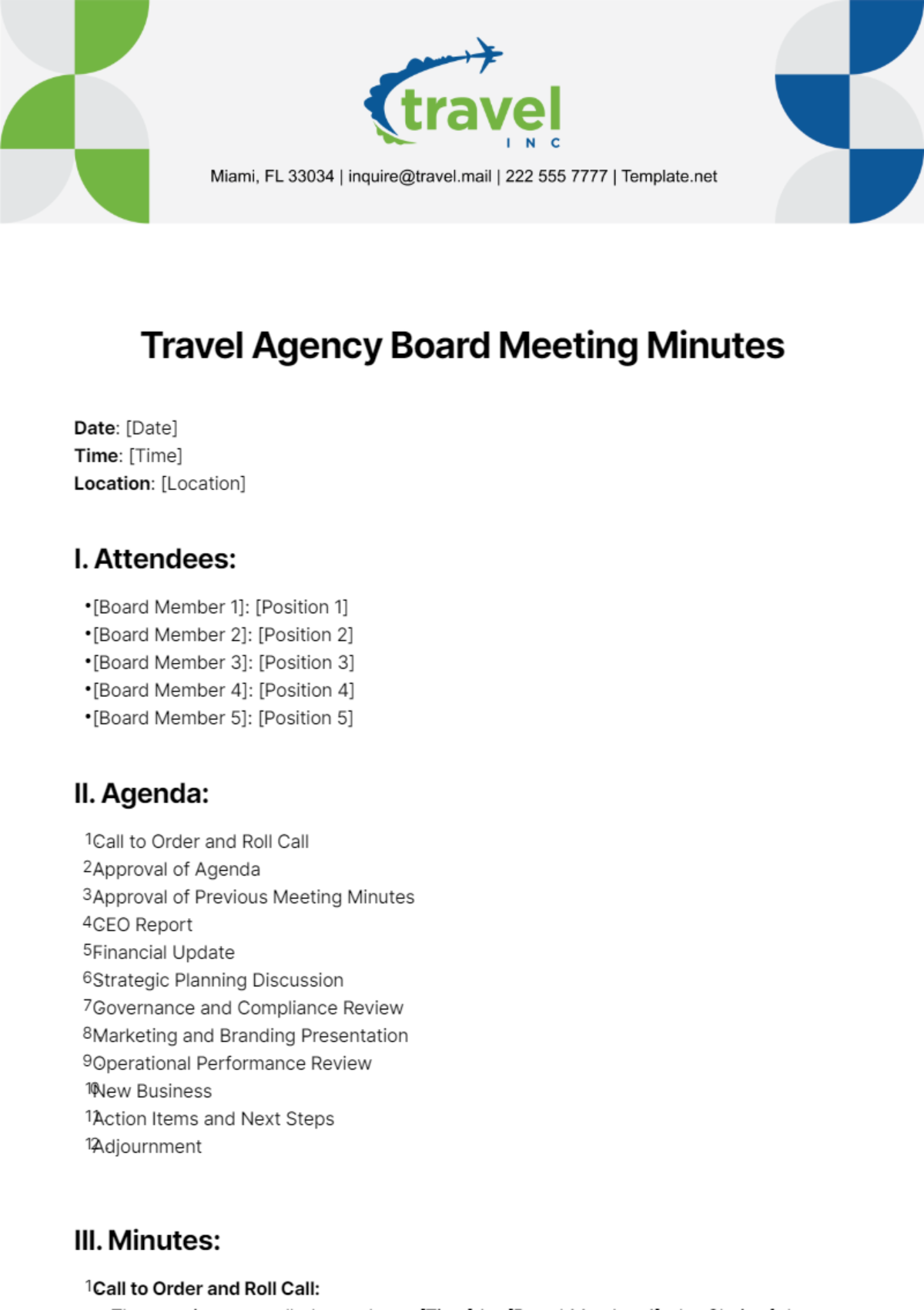 Travel Agency Board Meeting Minutes Template