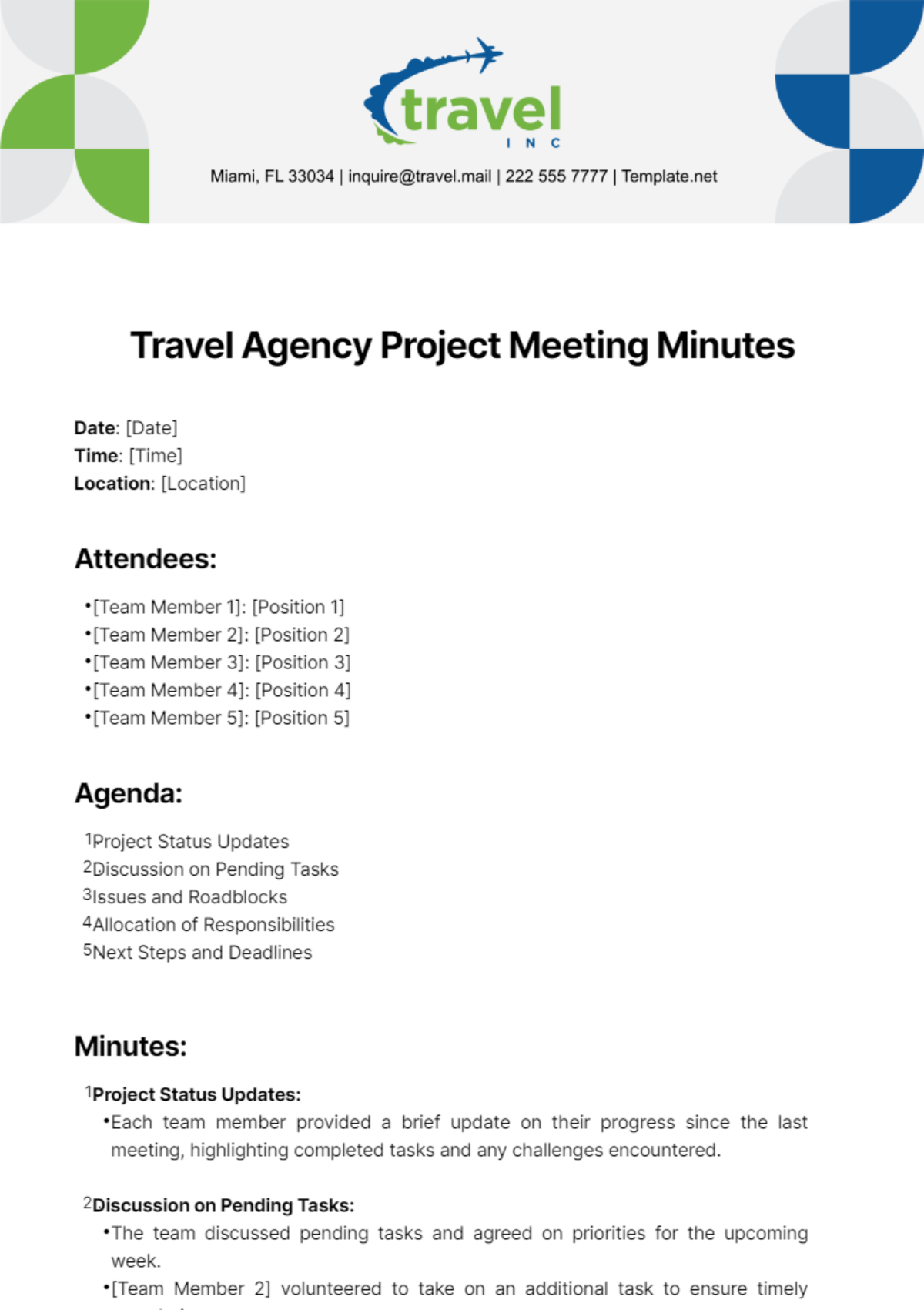 Travel Agency Project Meeting Minutes Template
