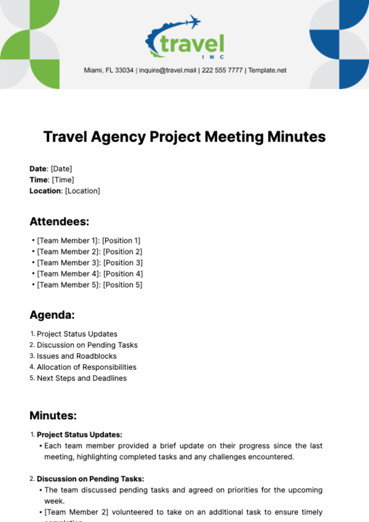Free Travel Agency Project Meeting Minutes Template