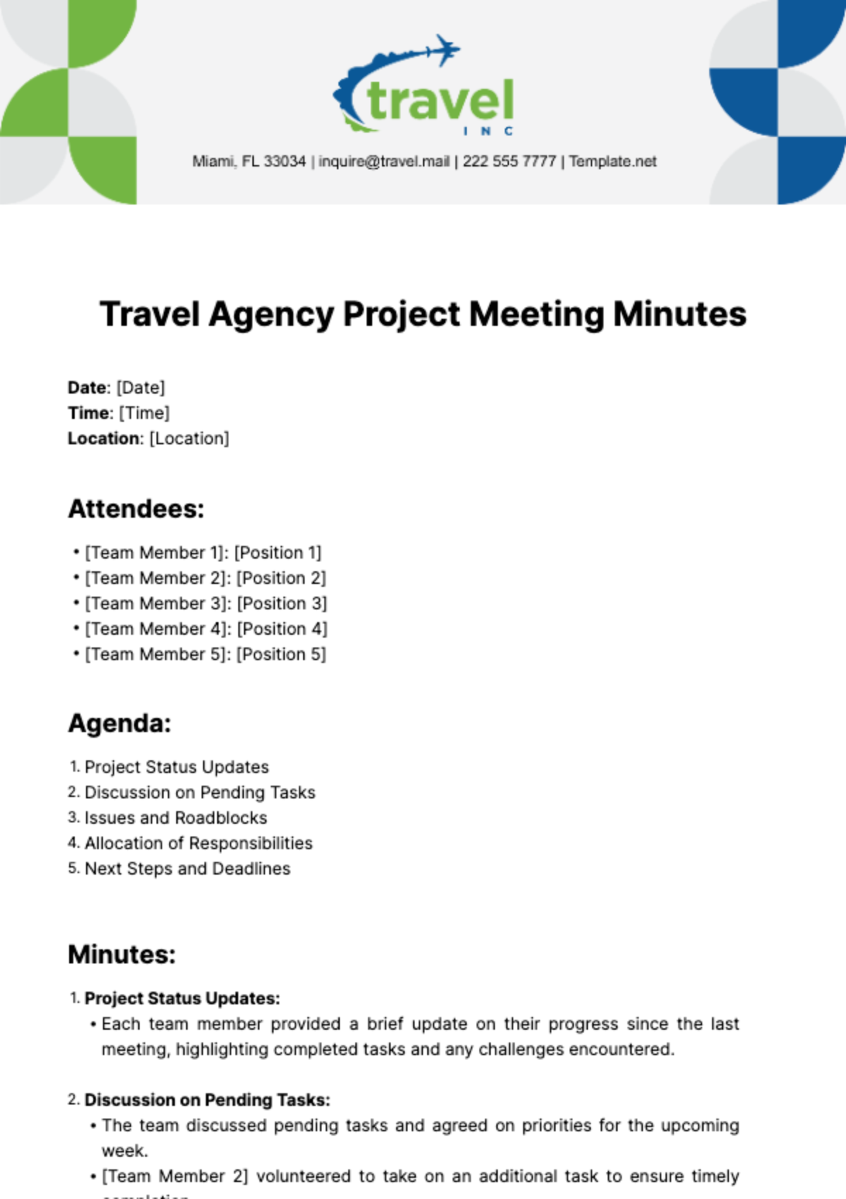 Travel Agency Project Meeting Minutes Template - Edit Online & Download