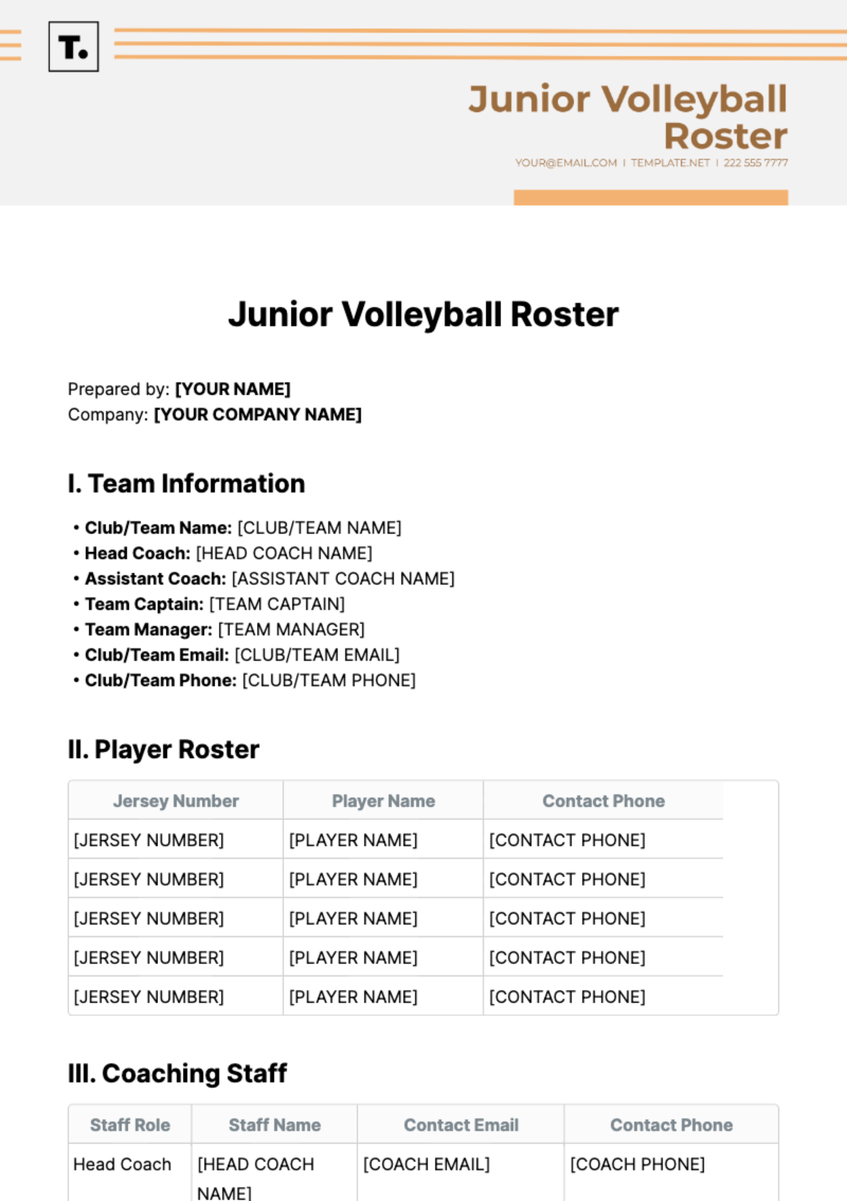 Junior Volleyball Roster Template