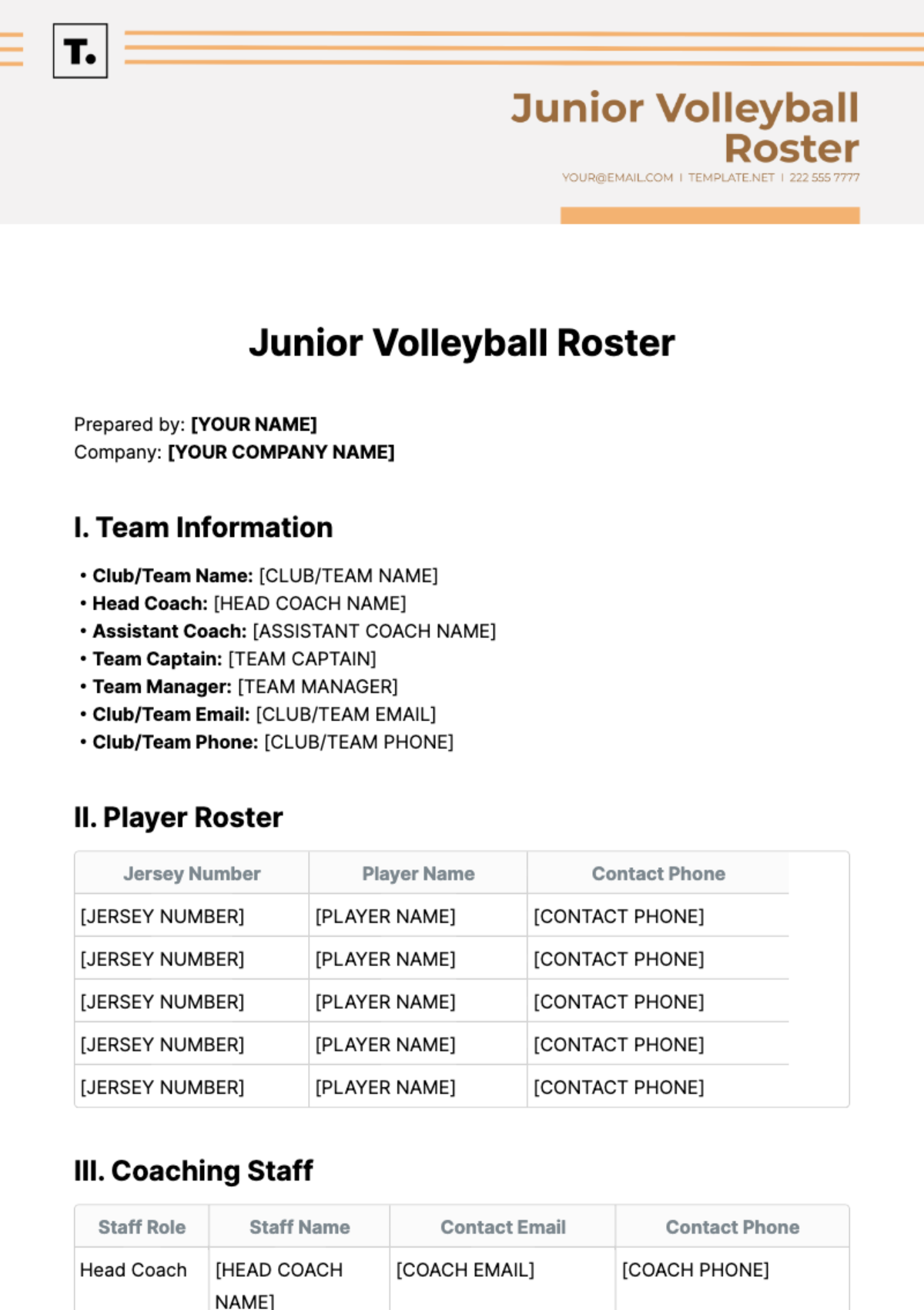 Junior Volleyball Roster Template - Edit Online & Download