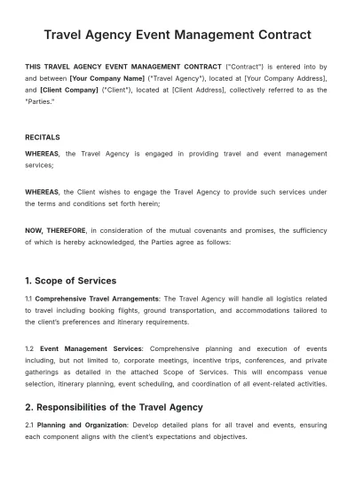 Free Travel Agency Event Management Contract Template to Edit Online