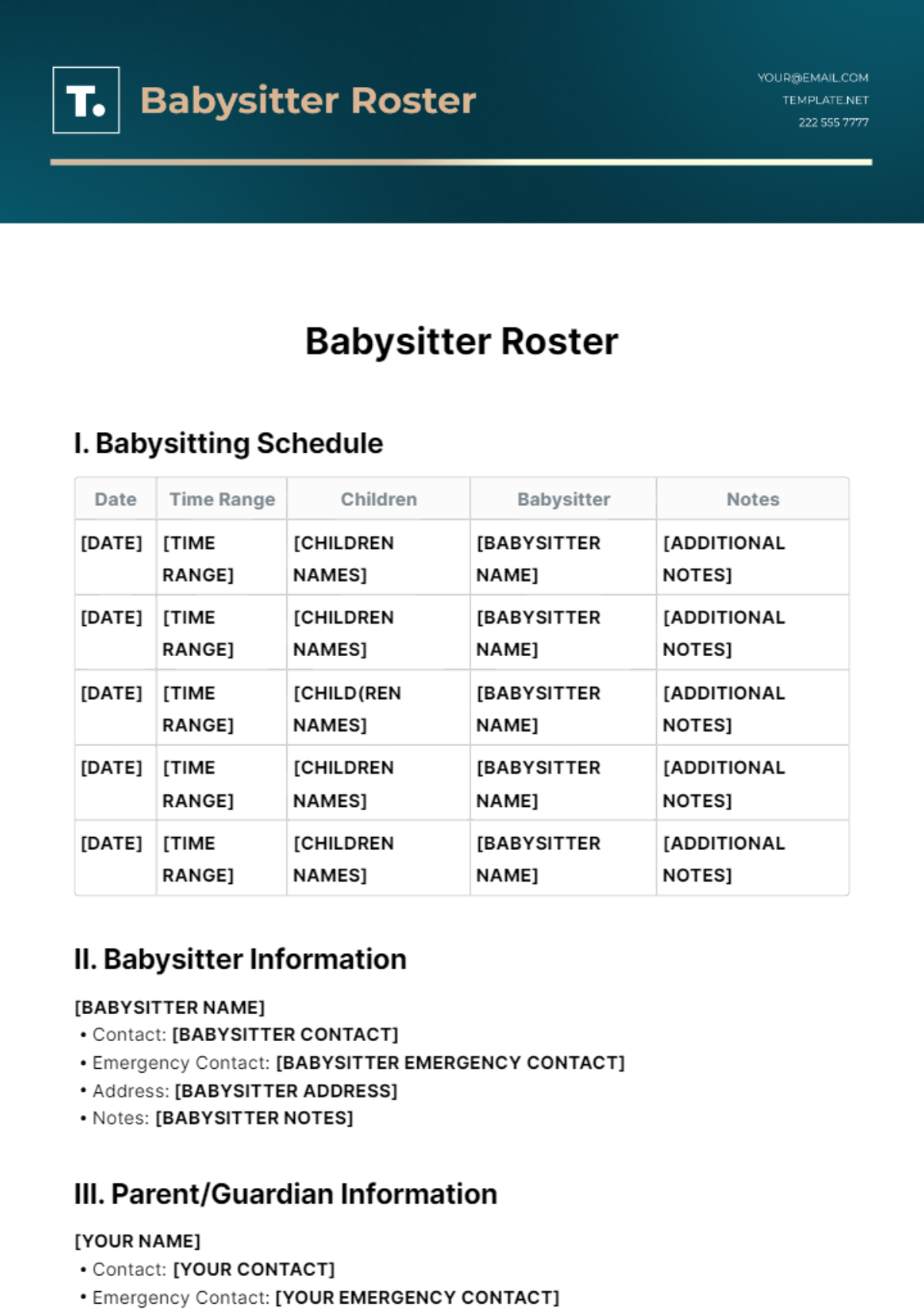 Babysitter Roster Template - Edit Online & Download