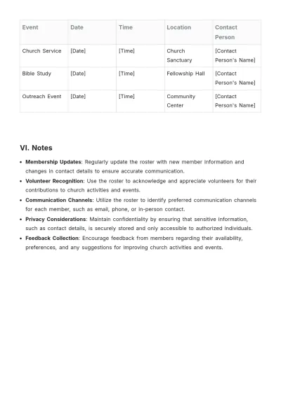 Free Church Roster Template to Edit Online