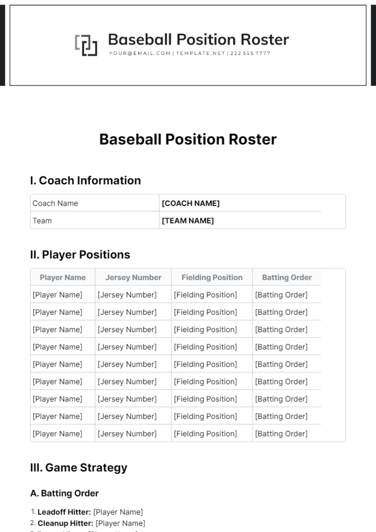 Baseball Position Roster Template