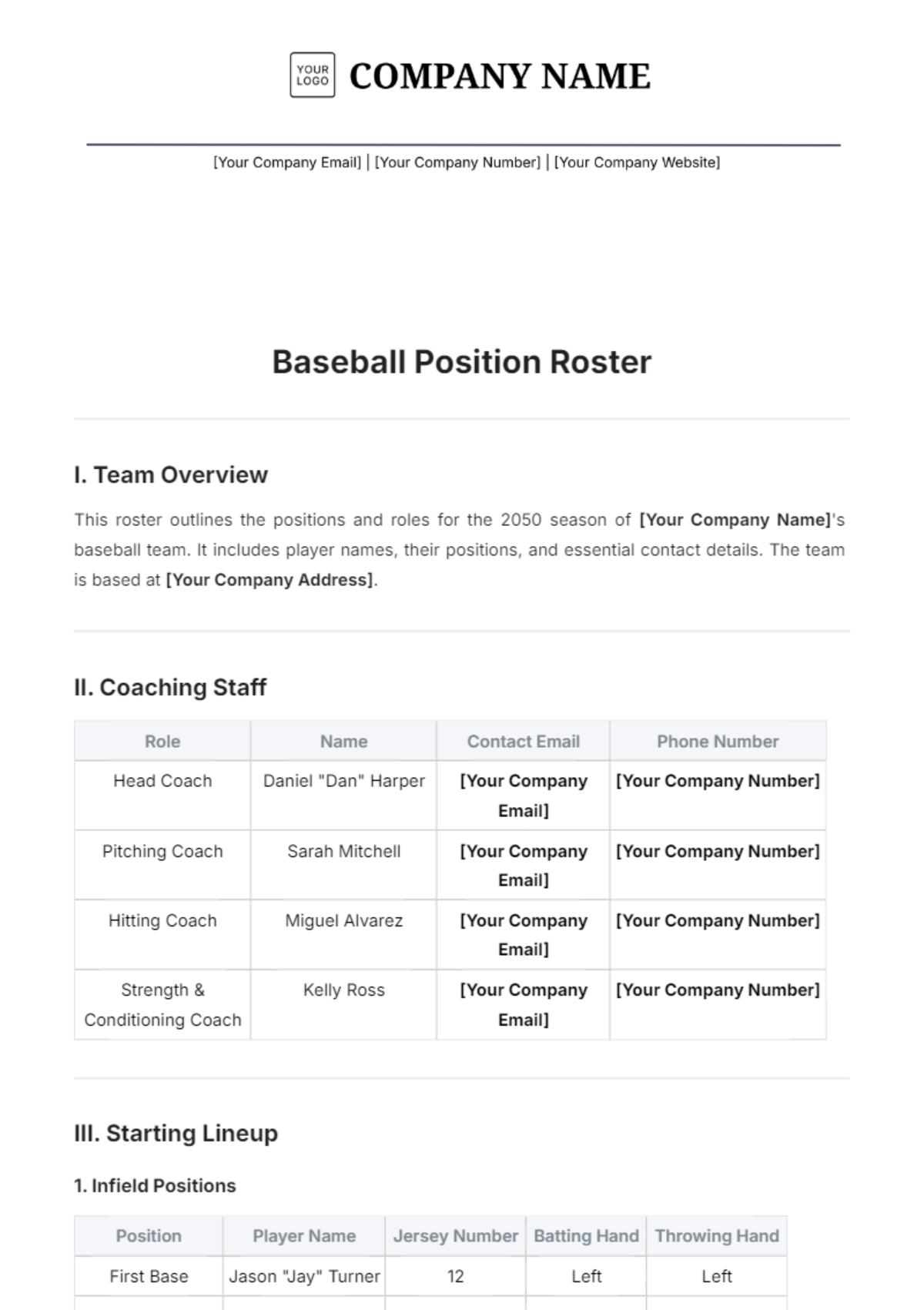 Baseball Position Roster Template