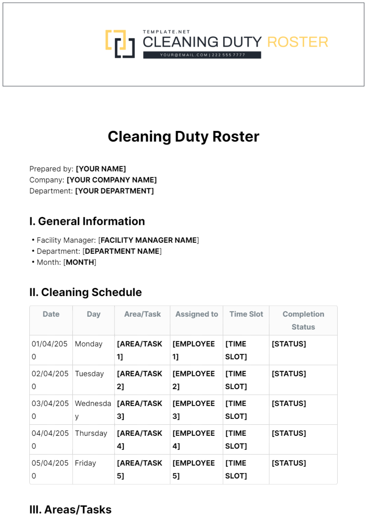 Cleaning Duty Roster Template