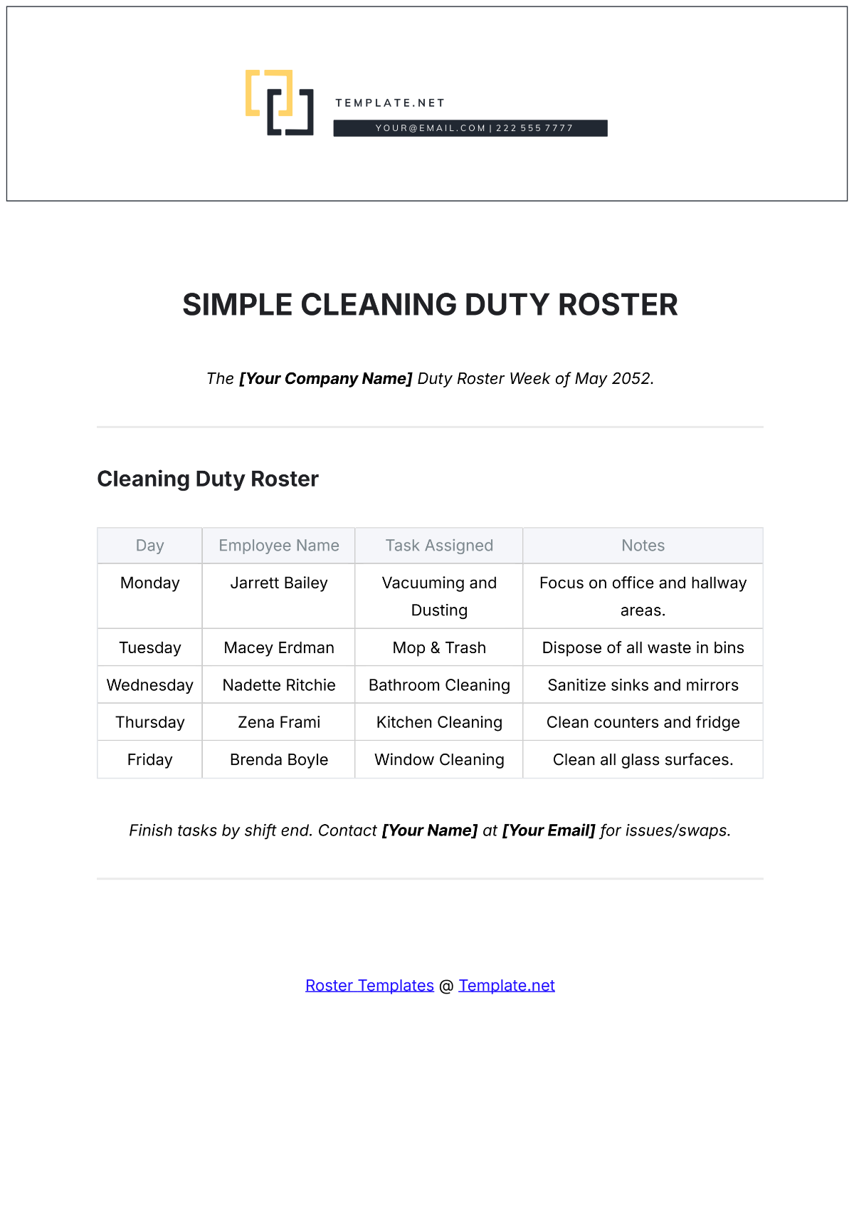 Simple Cleaning Duty Roster Template - Edit Online & Download