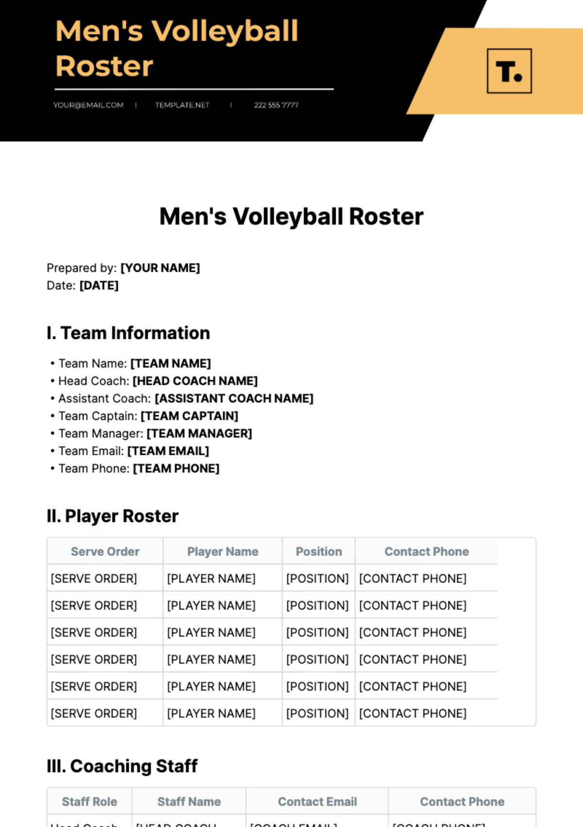 Men's Volleyball Roster Template