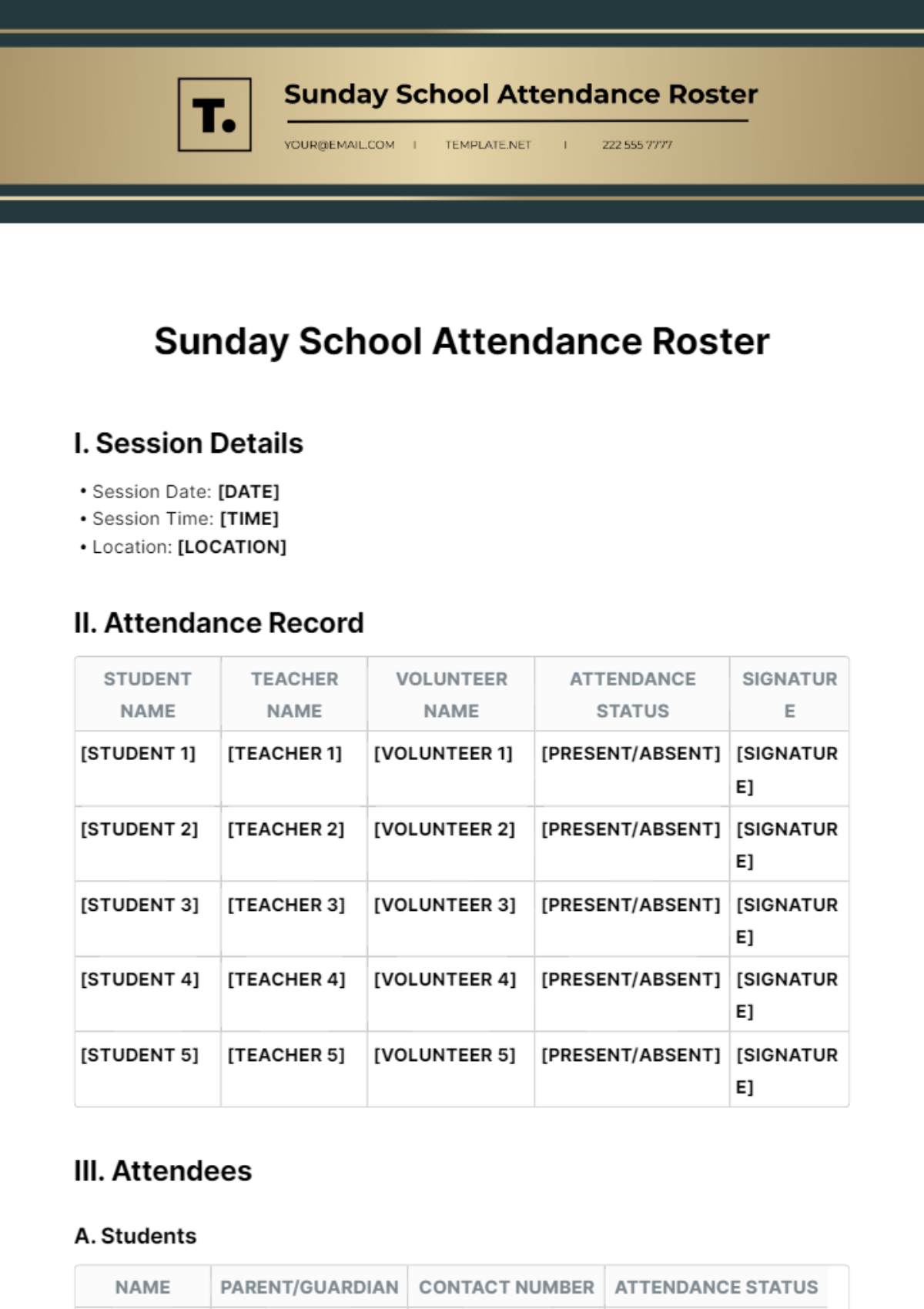 Sunday School Attendance Roster Template