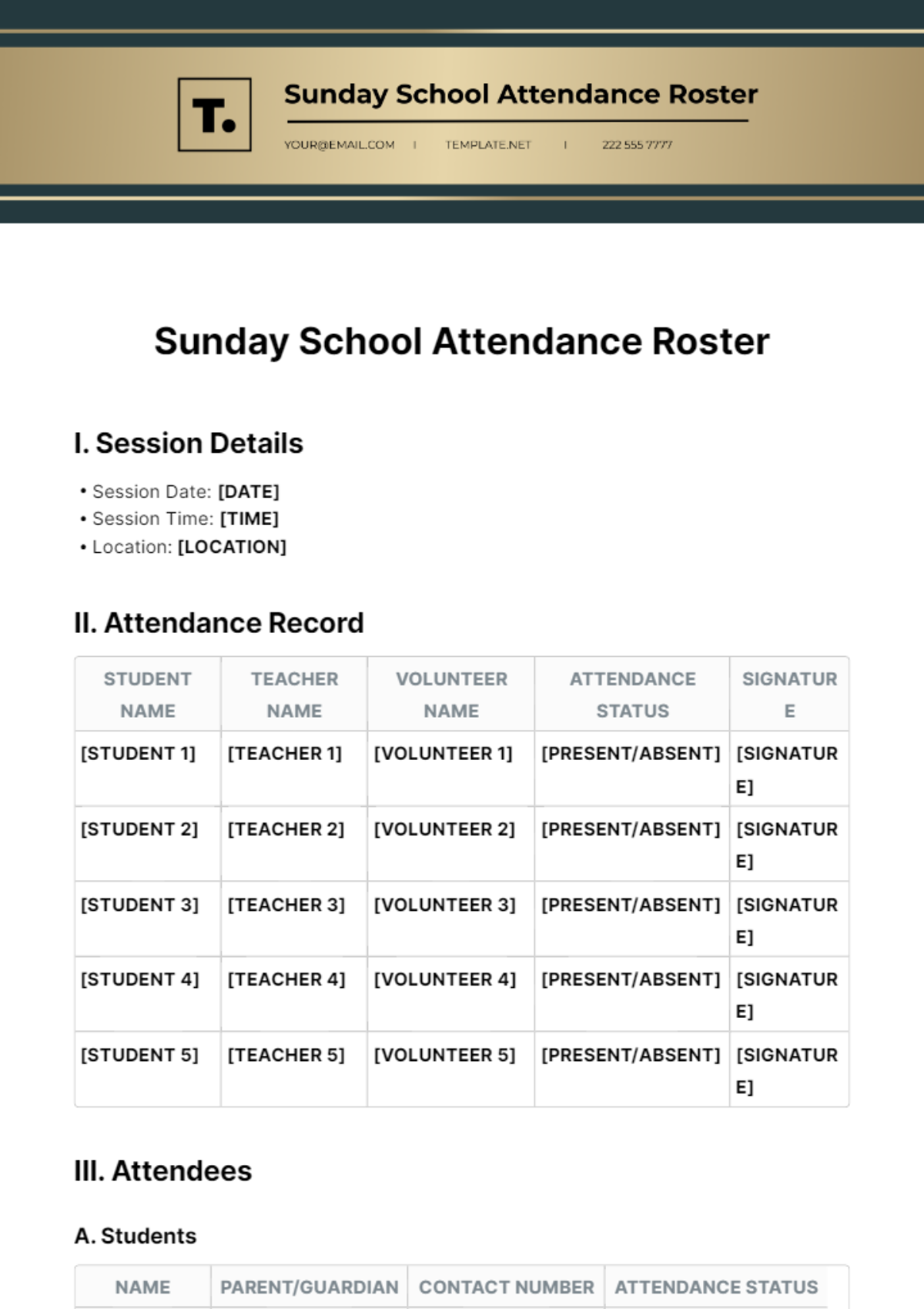 Sunday School Attendance Roster Template - Edit Online & Download