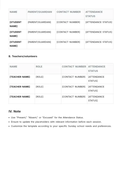 Free Sunday School Attendance Roster Template to Edit Online