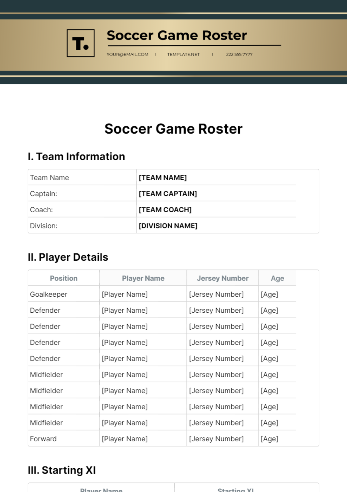 Soccer Game Roster Template