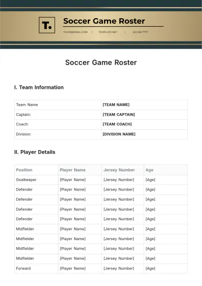 Free Soccer Game Roster Template to Edit Online