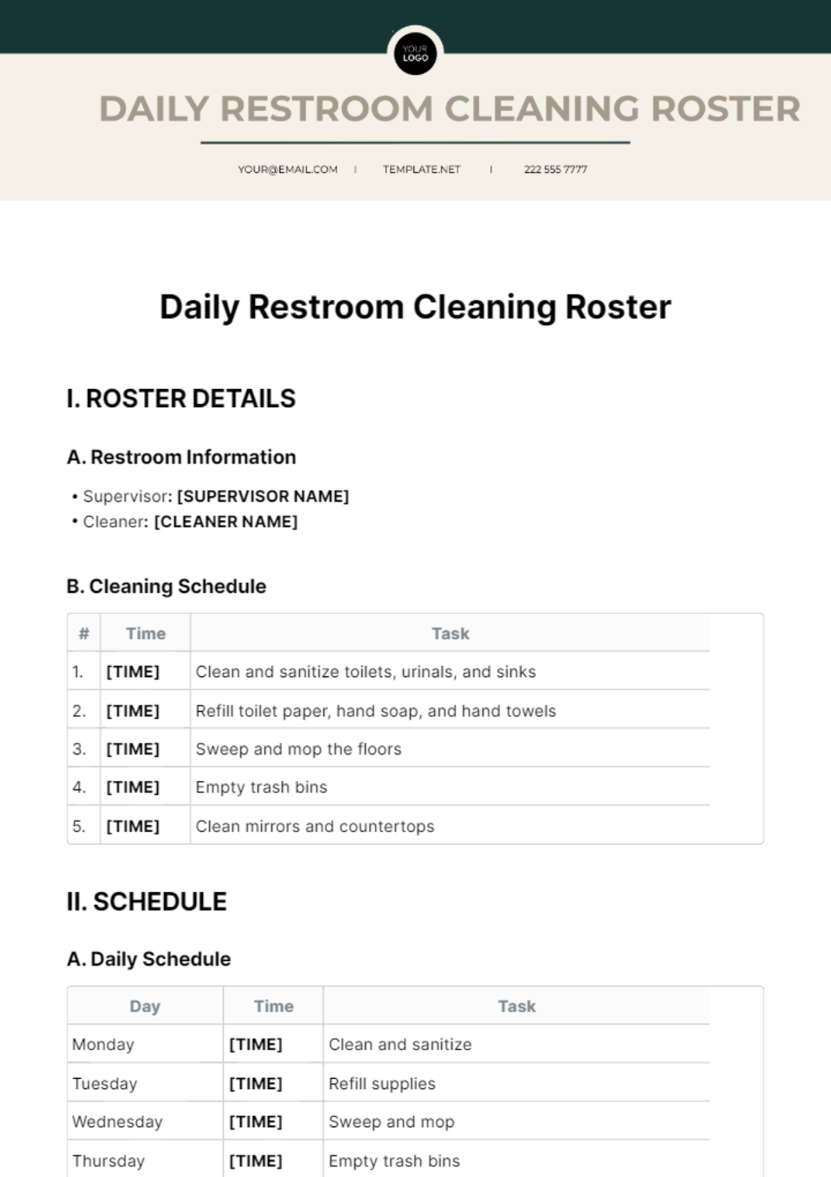 Daily Restroom Cleaning Roster Template