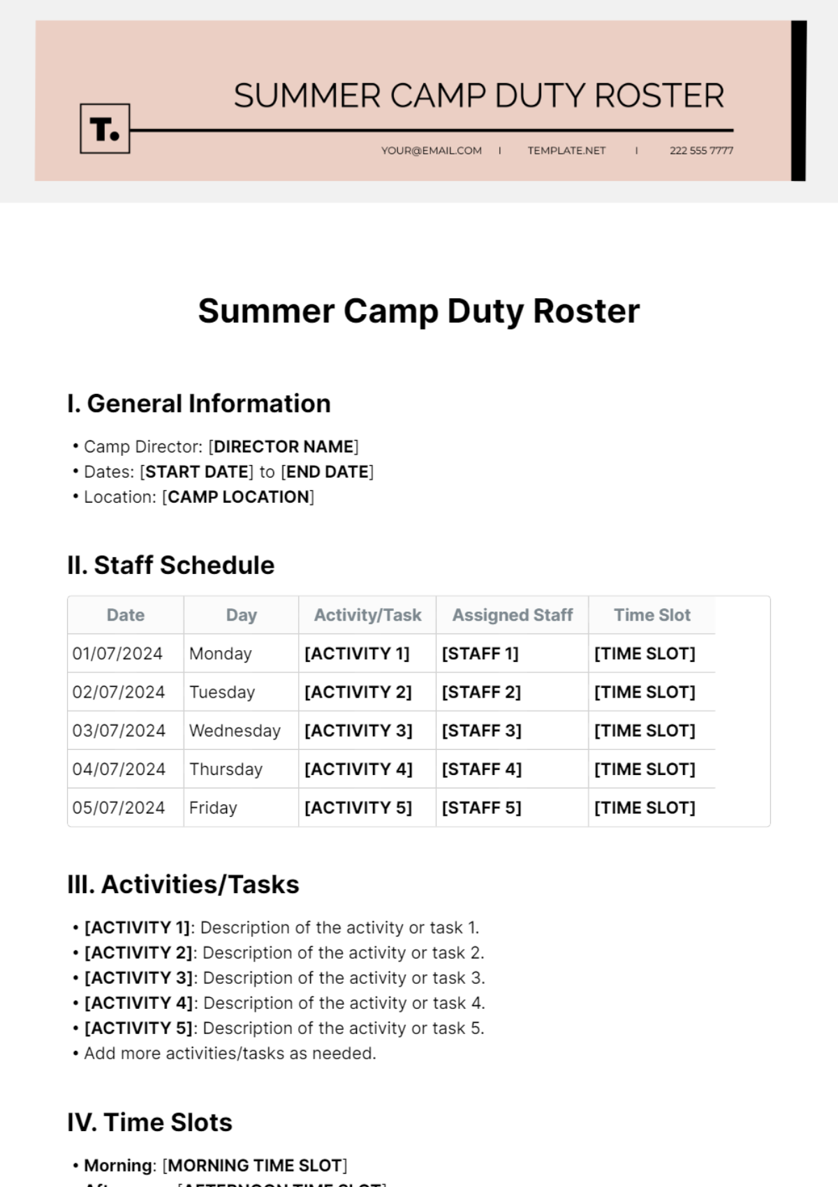 Summer Camp Duty Roster Template
