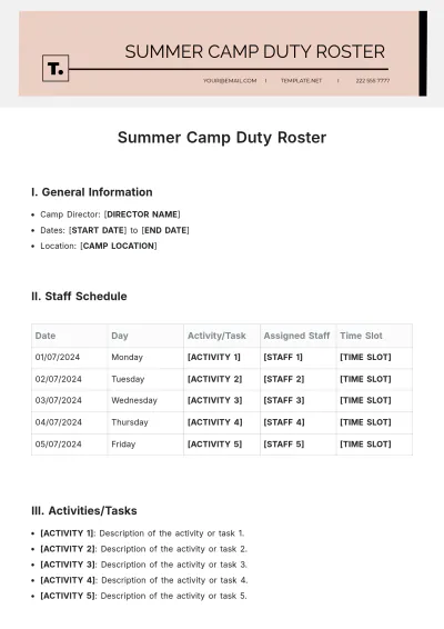 Free Summer Camp Duty Roster Template to Edit Online