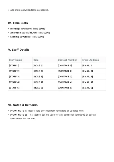 Free Summer Camp Duty Roster Template to Edit Online